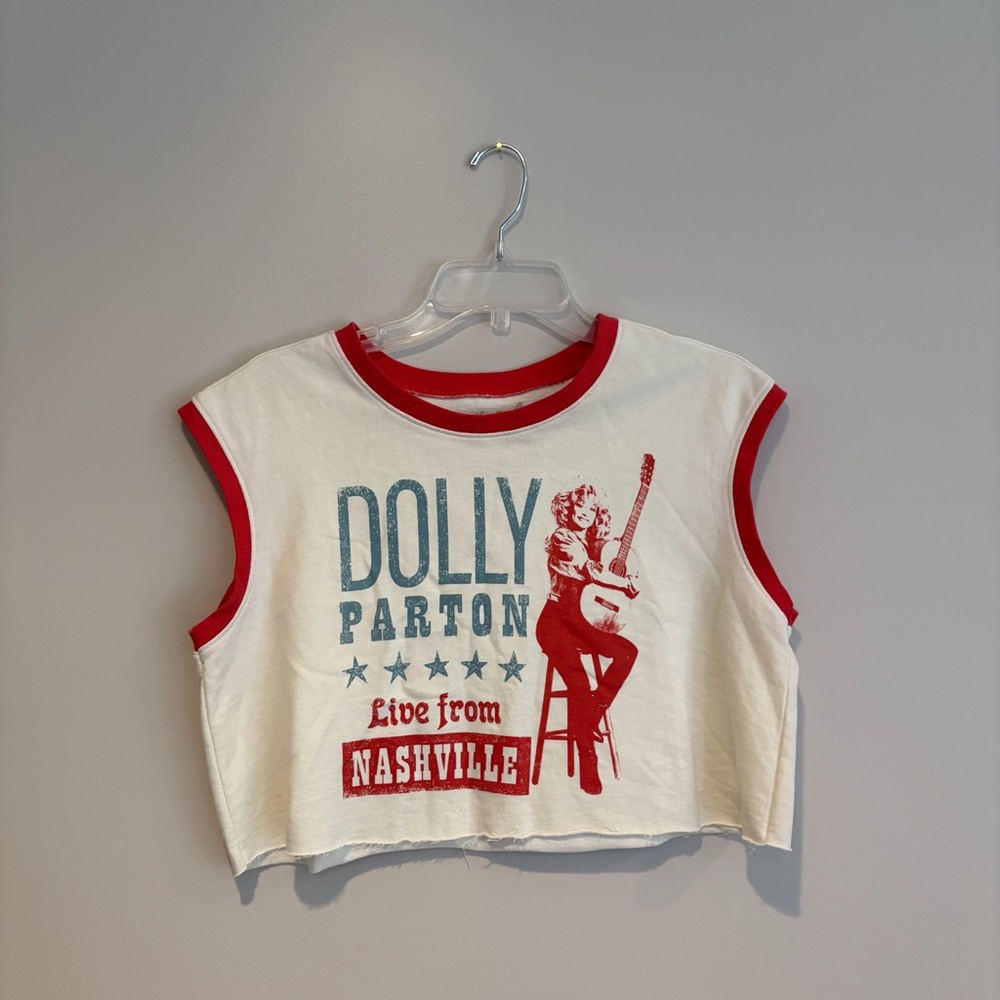Dolly Parton Live from Nashville Crop Top White Red Ringer Sleeveless Graphic